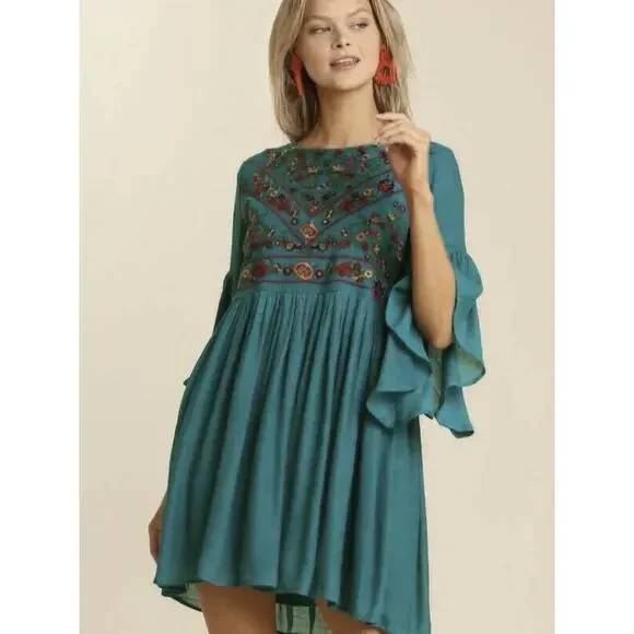 NWT Umgee Floral Embroidered Bell Sleeve Mini Dress Blue Boho Festival Medium - Picture 15 of 16